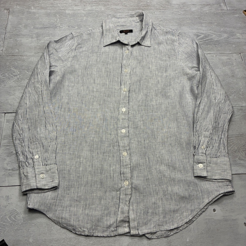 Quince Linen Button Down Shirt Womens M Blue Pinstripe Long Sleeve European Flax